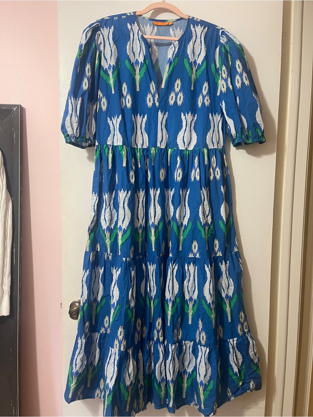 Oliphant Blue Floral Tiered V-Neck Maxi Dress with Green & White Tulips.